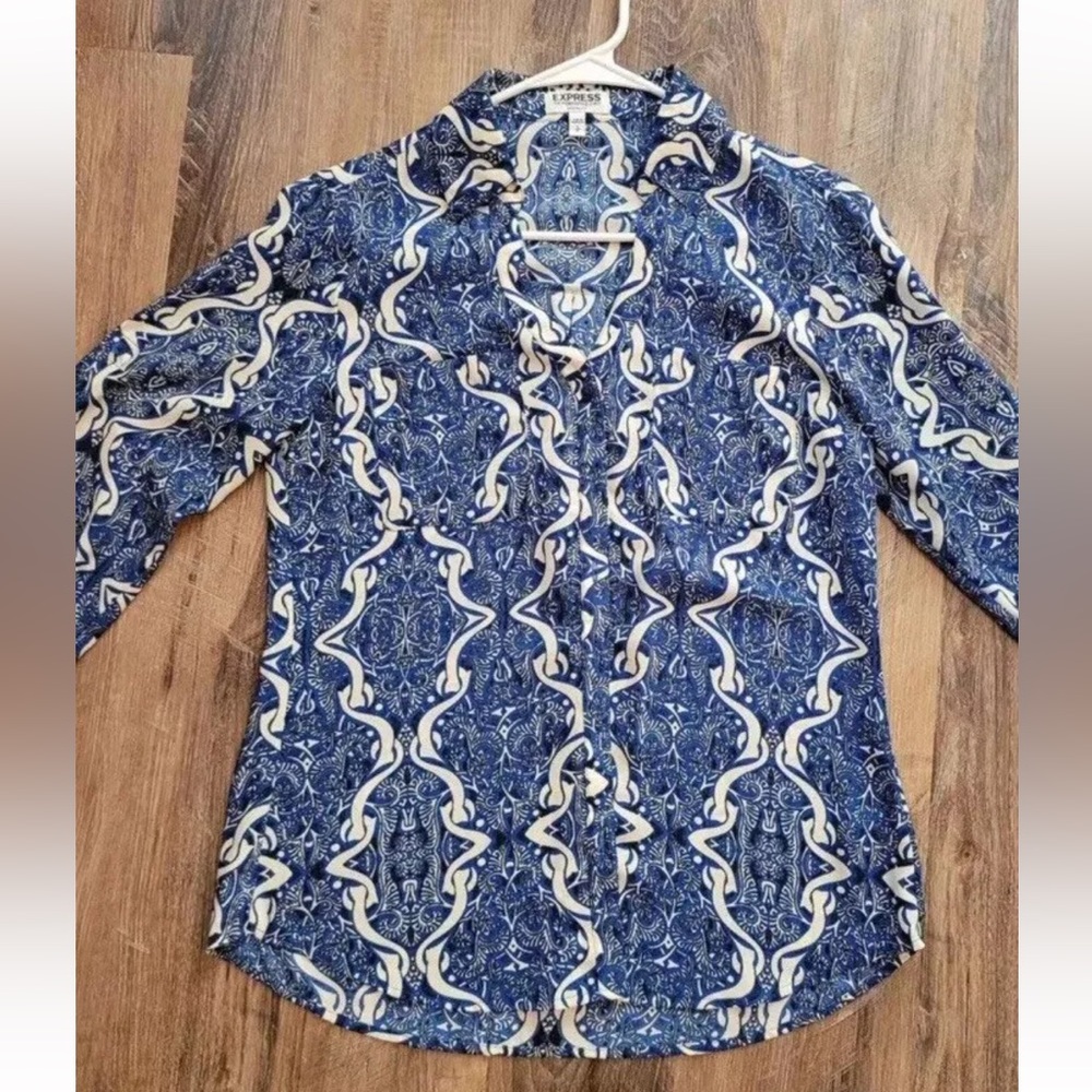 Express Portofini Dress Shirt Blouse Blue White, Small